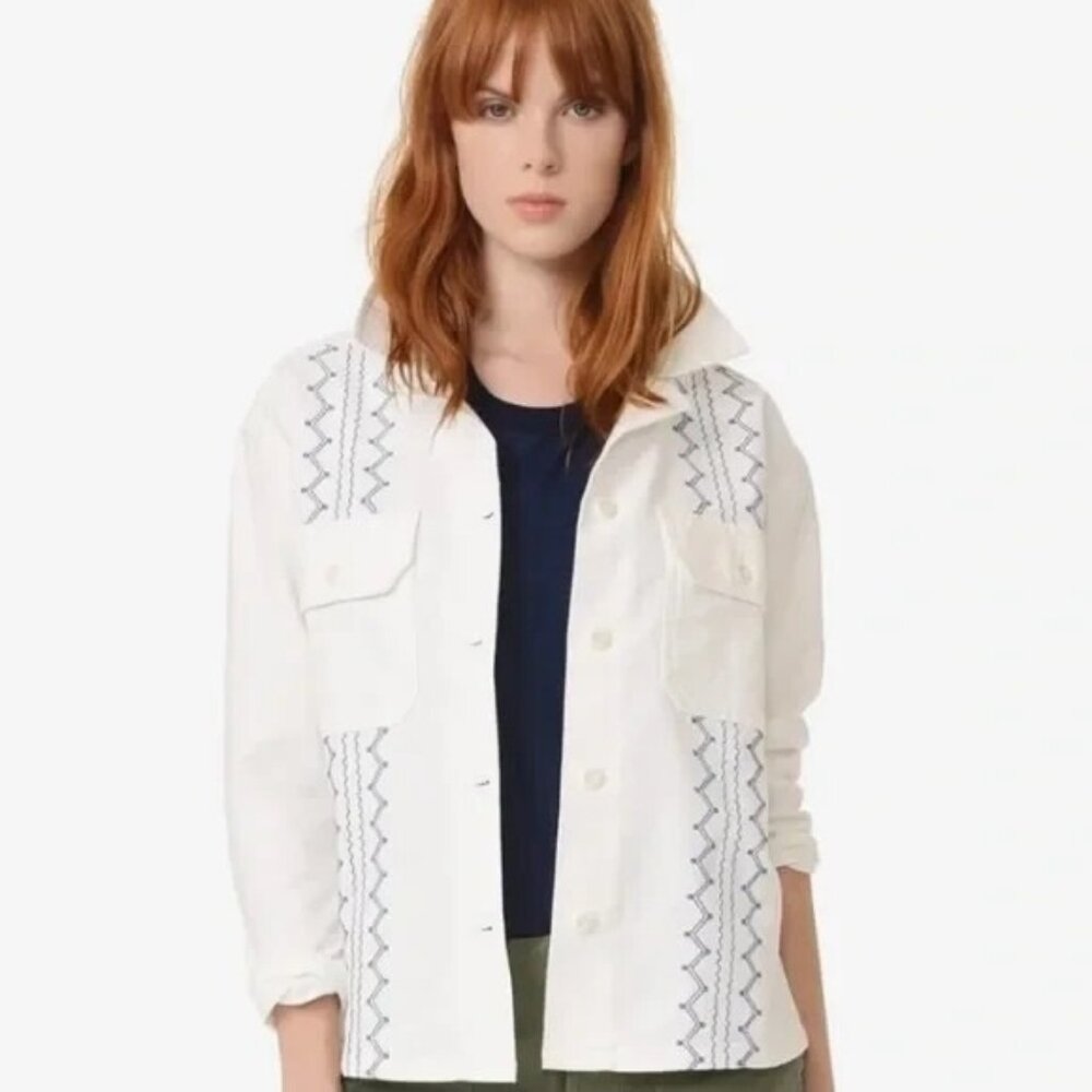 THE GREAT. White Cotton Embroidered Blue Detail Army Coat Jacket 0 XS M Oversize